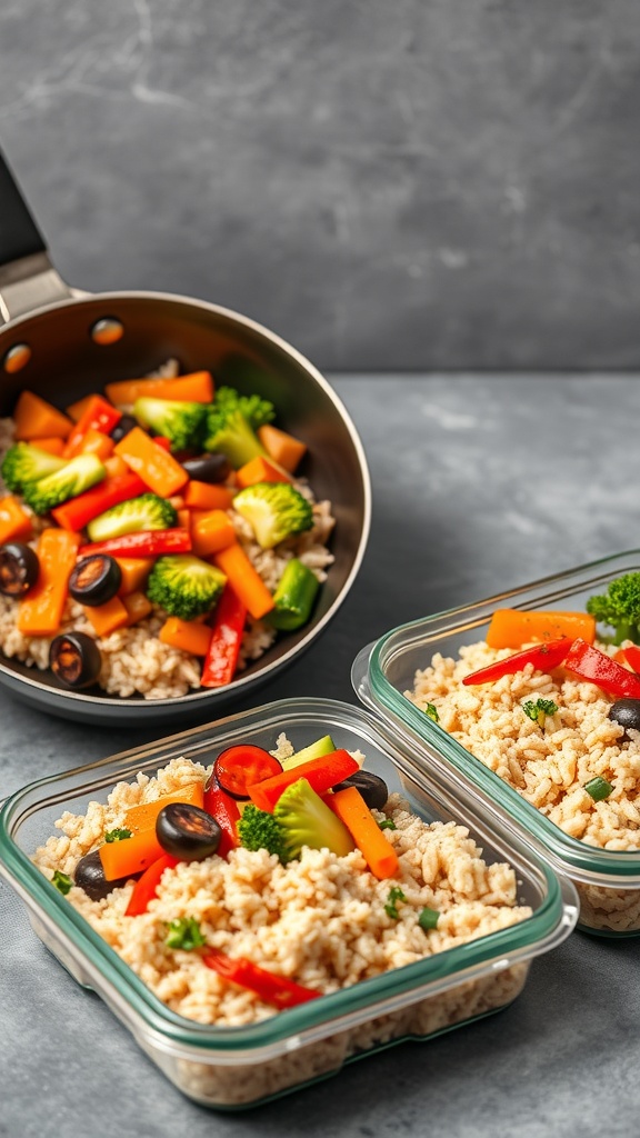 Colorful stir-fry with vegetables and rice in meal prep containers