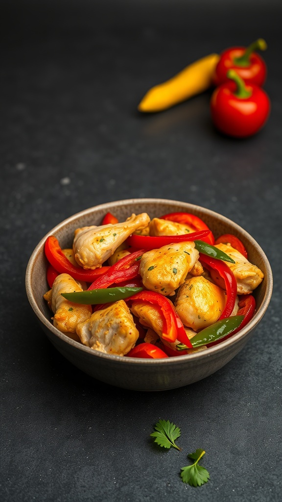A bowl of chicken stir-fry with colorful peppers on a dark surface.