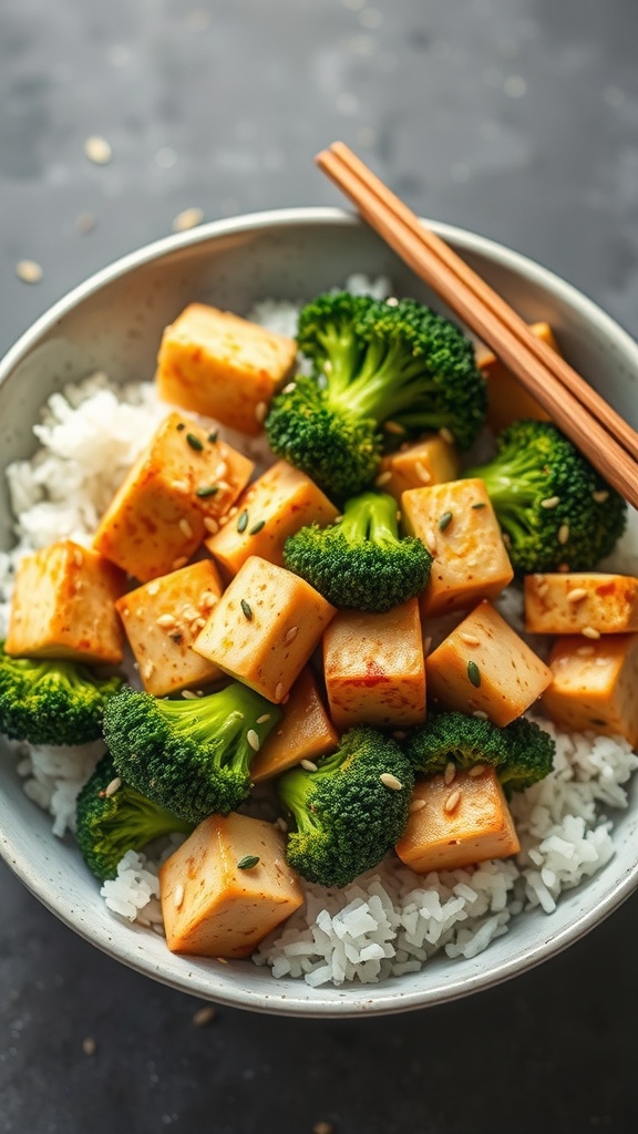 A skillet with cubed tofu and broccoli being stir-fried with a wooden spatula.