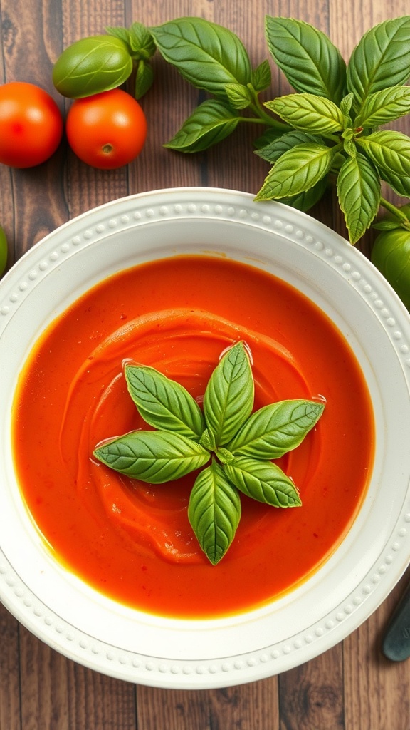 A bowl of vibrant tomato basil soup garnished with fresh basil leaves, surrounded by tomatoes and basil on a wooden surface.