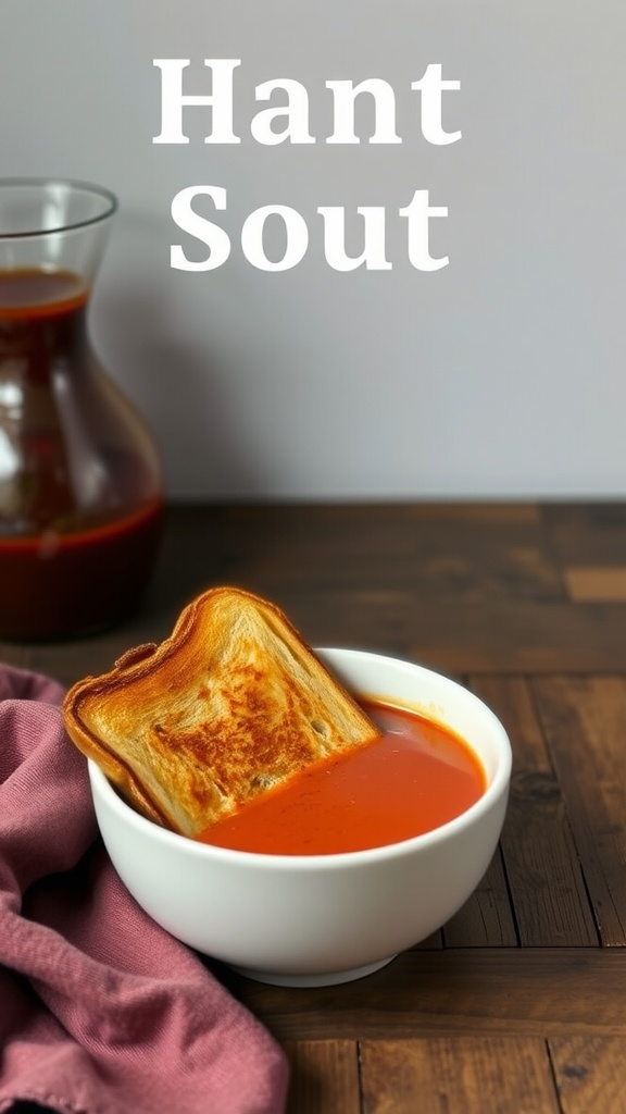 A bowl of tomato soup with a grilled cheese sandwich resting on the edge.