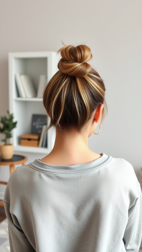 A woman with a simple top knot hairstyle viewed from the back, wearing a gray sweatshirt.