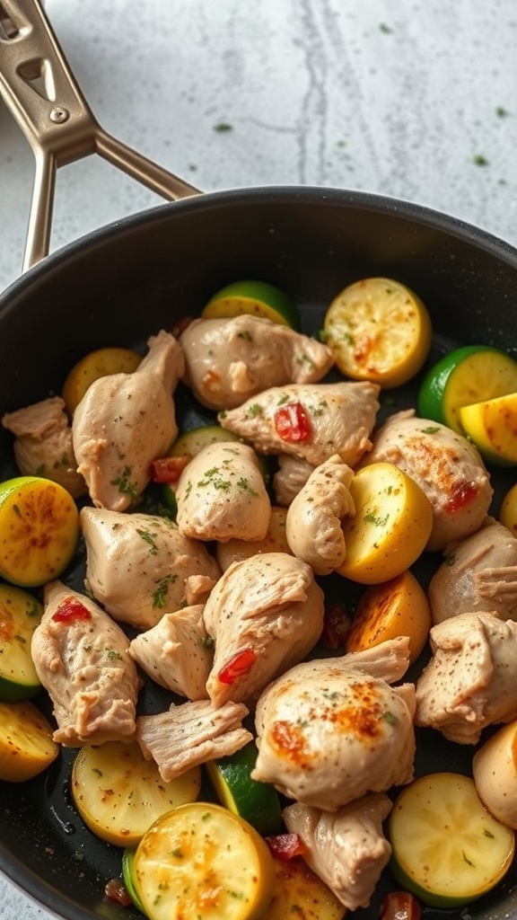 A skillet filled with cooked turkey and sliced zucchini, showcasing a healthy meal option.