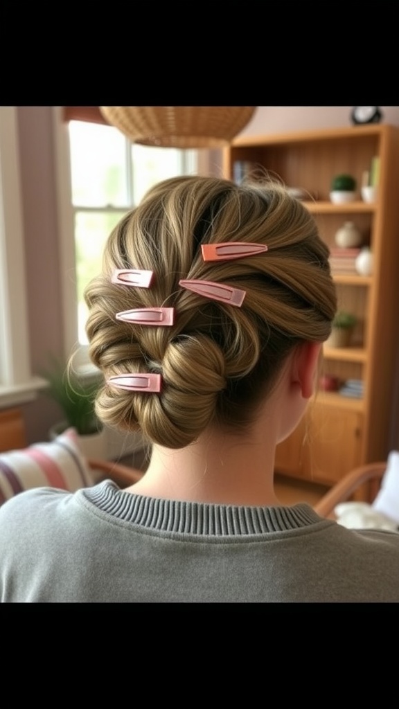 A person with twisted hair secured with colorful clips, showcasing a simple twist and pin hairstyle.