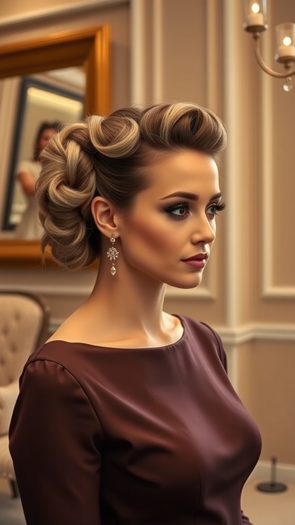 A woman with a Simple Twisted Updo hairstyle, wearing elegant earrings and a dark dress, in a beautifully decorated room.