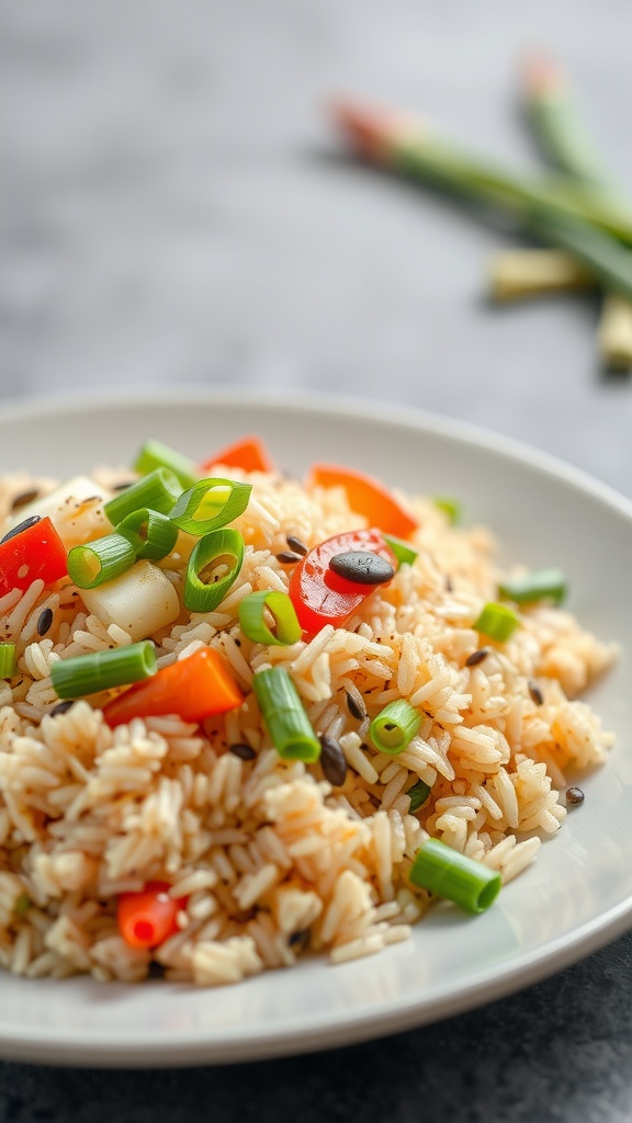 A vibrant plate of vegetable fried rice topped with green onions and colorful vegetables.