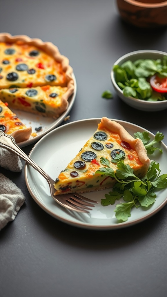 A slice of vegetable quiche on a plate with fresh greens and a whole quiche in the background.