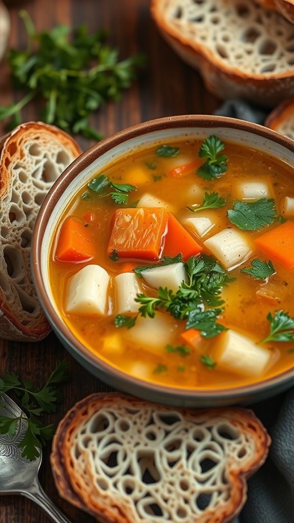 A bowl of vegetable soup with carrots, potatoes, and fresh herbs, surrounded by slices of bread.