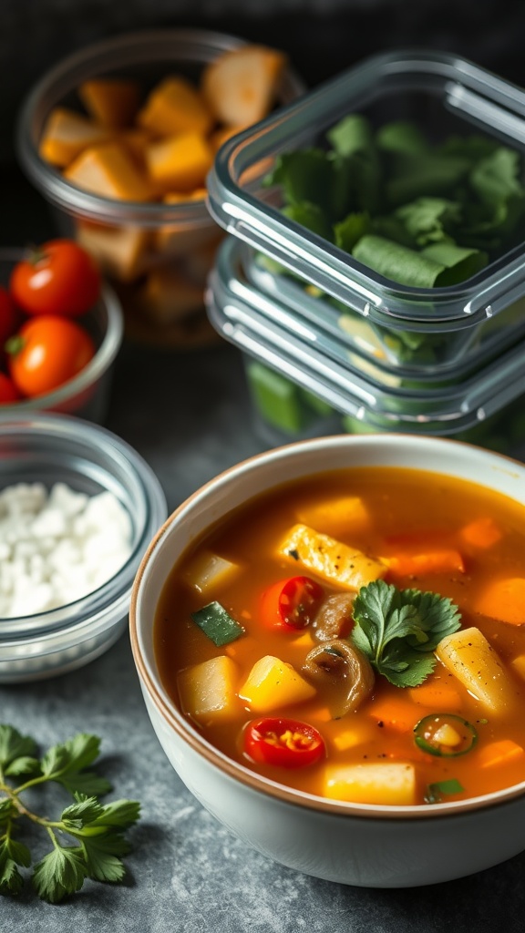 A bowl of simple vegetable soup with fresh vegetables on the side.