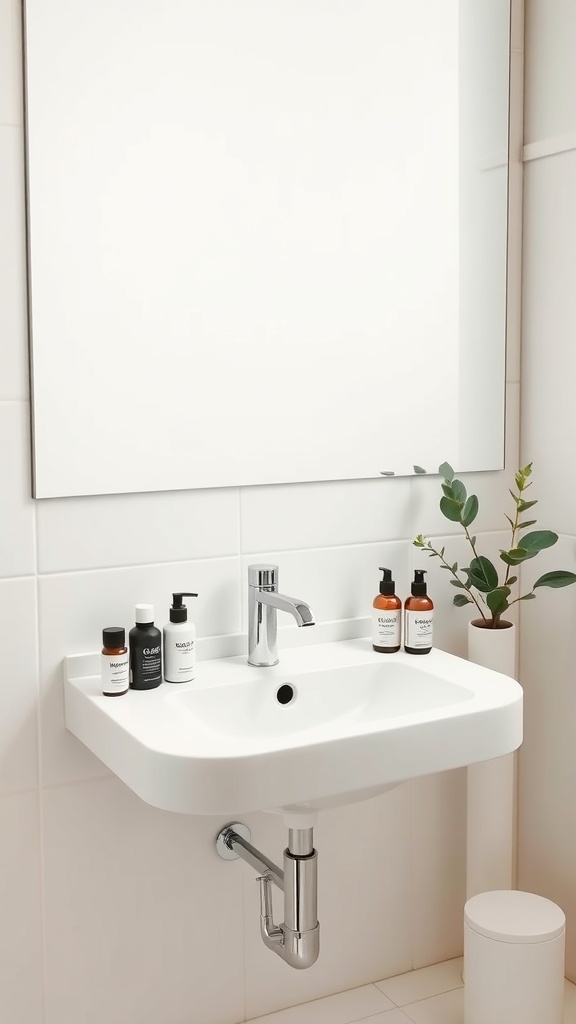 A stylish bathroom sink with various skincare products neatly arranged.
