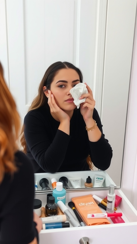 A young woman using a cotton pad to remove makeup in front of a mirror.