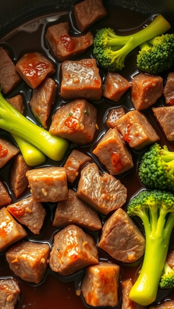 A close-up of skillet beef and broccoli with tender beef chunks and fresh broccoli in a savory sauce.