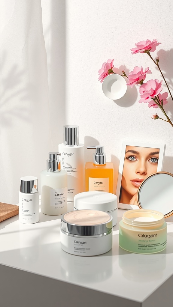 Display of various skincare products on a white table with flowers and a mirror.