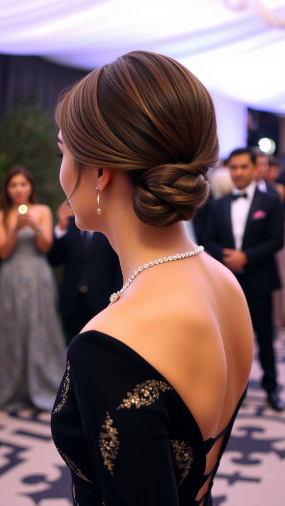 A woman with a sleek low bun hairstyle, elegantly dressed, showcasing a polished look at a formal event.