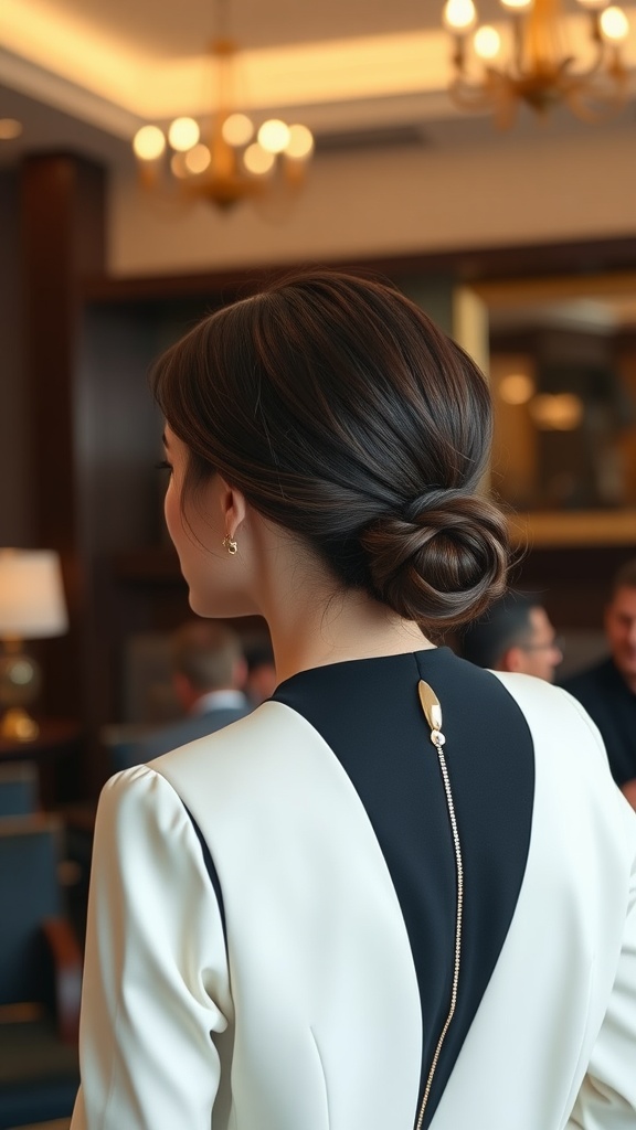 A woman with a sleek low bun hairstyle, showcasing elegance in a stylish outfit