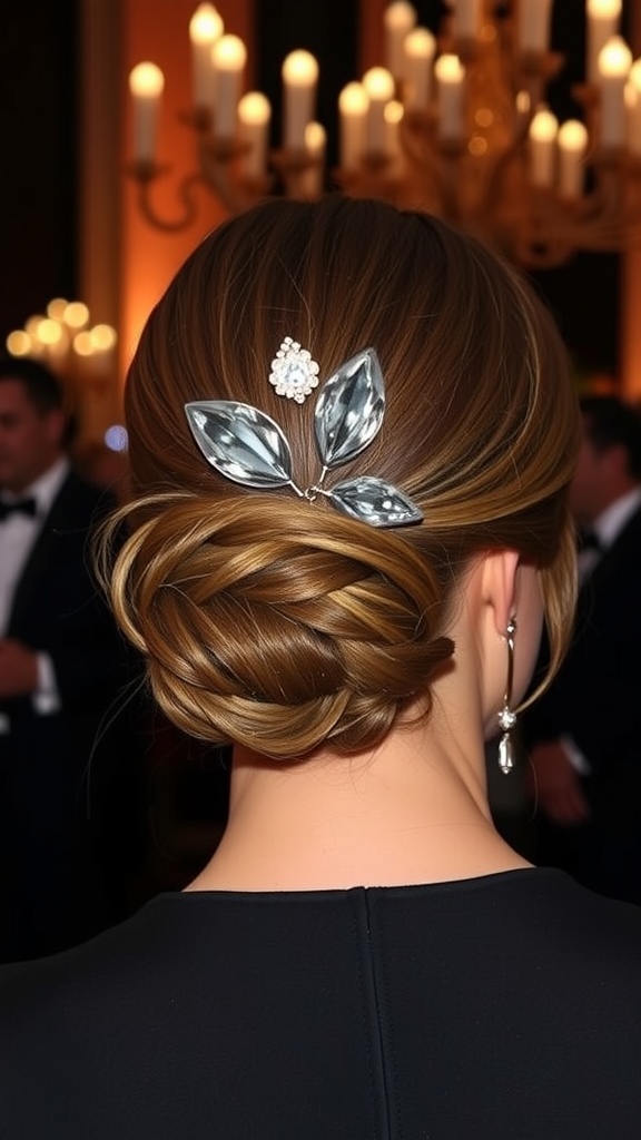 A sleek low bun hairstyle adorned with leaf and floral accessories, showcasing elegance and charm.