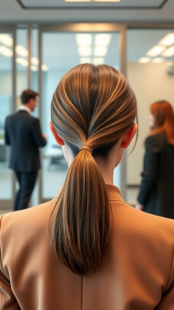 A woman with a sleek low ponytail wearing a blazer, with a professional setting in the background.