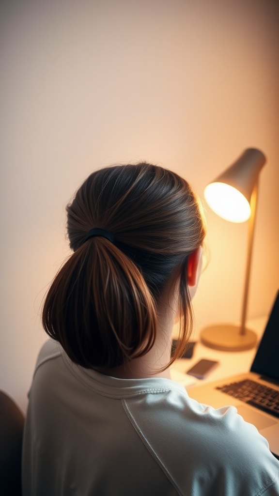 A woman with a sleek low ponytail sitting at a desk with a lamp and laptop