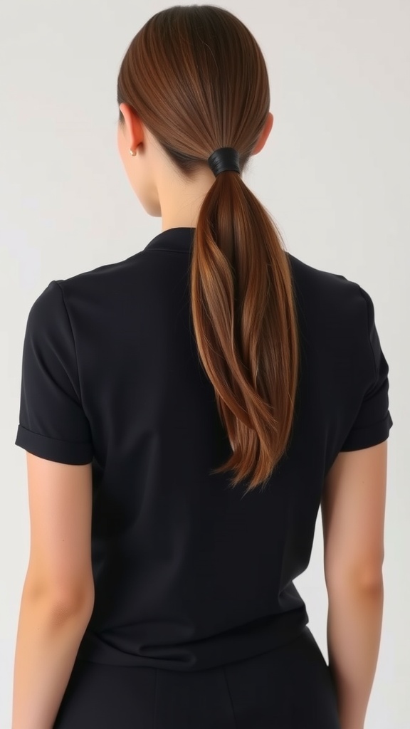 A sleek low ponytail hairstyle, viewed from the back, showcasing smooth and straight hair tied at the nape of the neck.