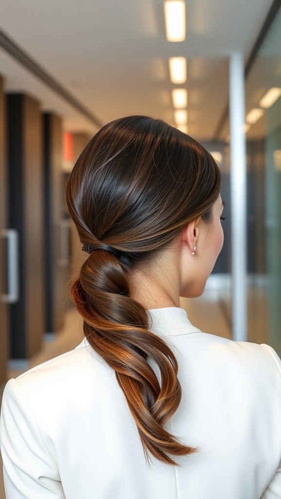 A person with a sleek low ponytail hairstyle, showcasing a polished look.