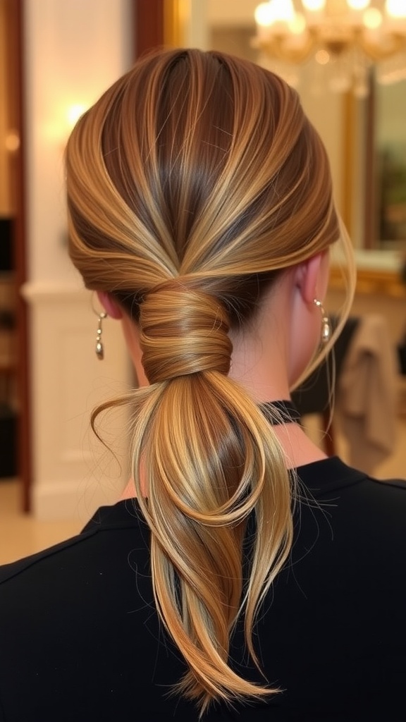 A close-up view of a sleek low ponytail hairstyle, showcasing smooth, shiny hair tied neatly at the nape of the neck.
