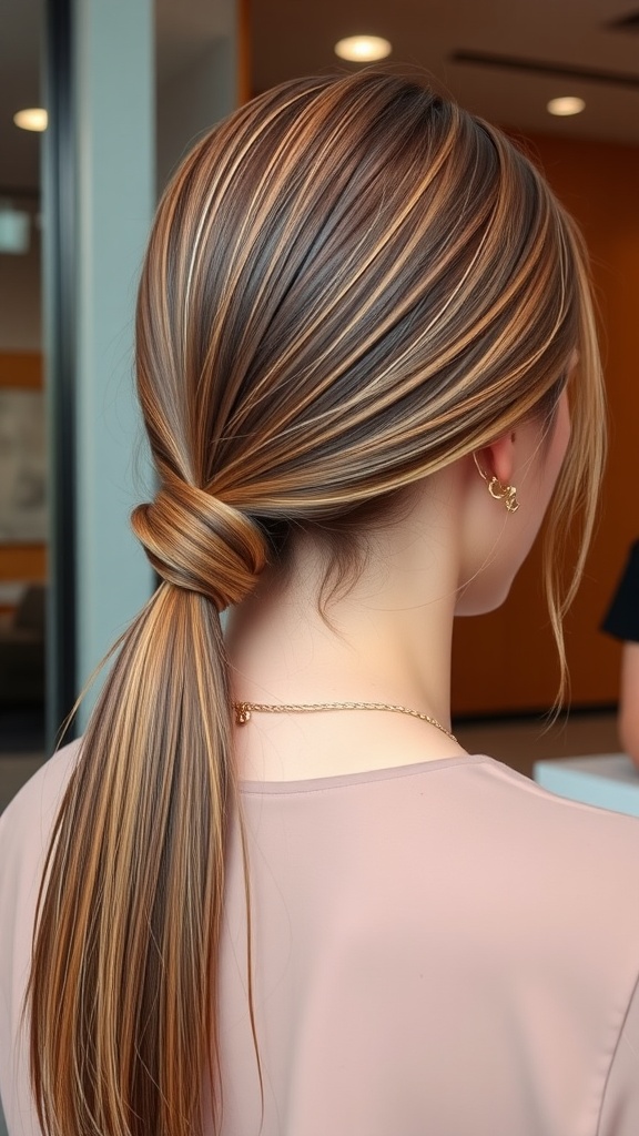 A stylish sleek low ponytail hairstyle with highlights.