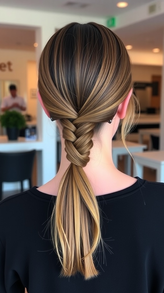 Sleek low ponytail hairstyle with a twist, showcasing smooth hair pulled back elegantly.