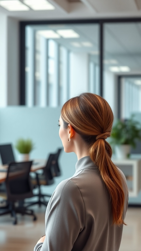A woman with a sleek low ponytail, featuring a twist, looking out in an office setting.