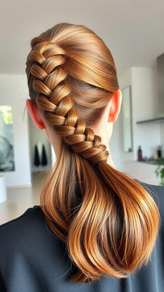 A sleek ponytail with a braid, showcasing smooth and shiny hair.