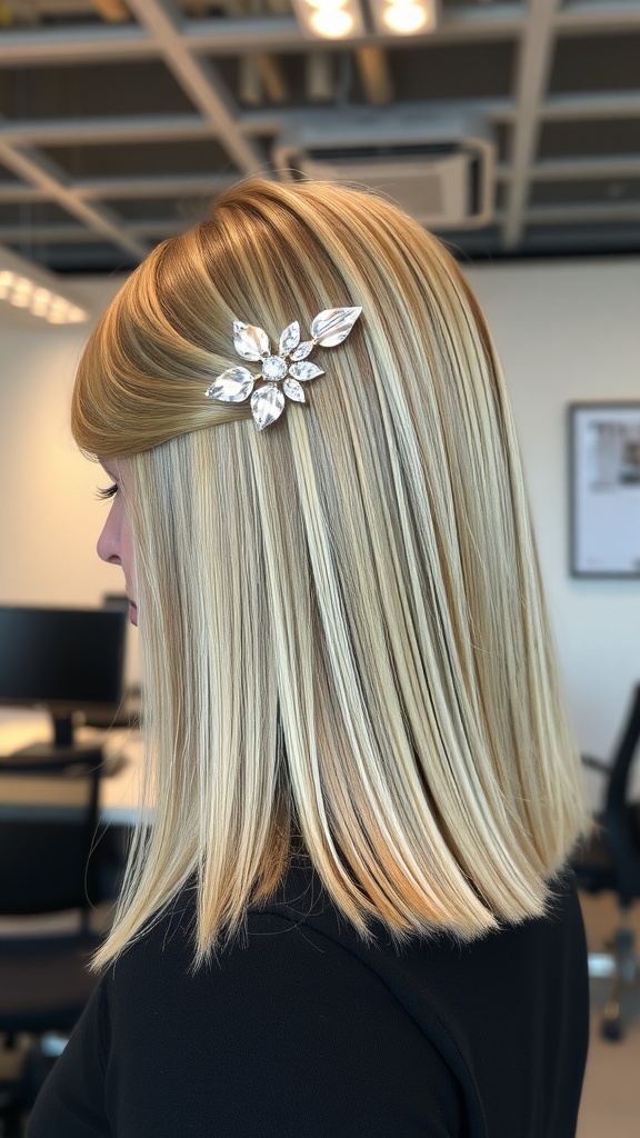 A woman with sleek, straight hair styled in a side part, adorned with a decorative hairpin.