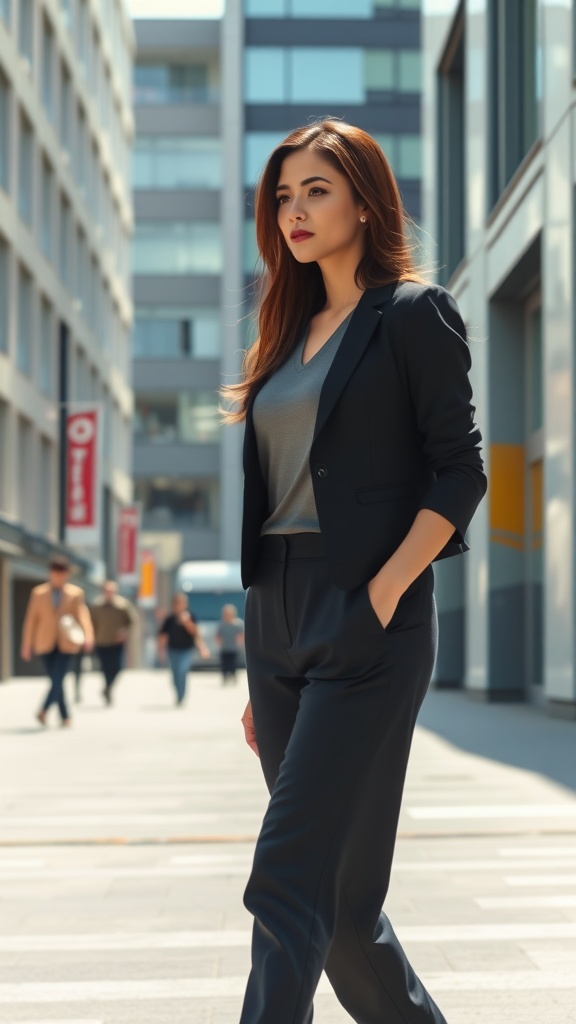 A person with sleek straight hair walking confidently in an urban setting, dressed in a stylish outfit.