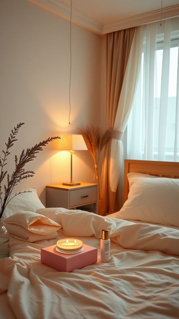 A serene bedroom with a cozy bed, a candle on a pink tray, and a skincare product on the bedside table.