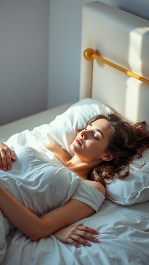 A woman sleeping peacefully in a well-lit bedroom, showcasing the importance of rest for skin health.