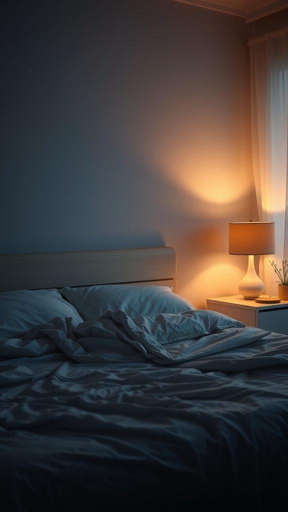 A cozy bedroom with a soft lamp light illuminating the bed, creating a calm and inviting atmosphere.