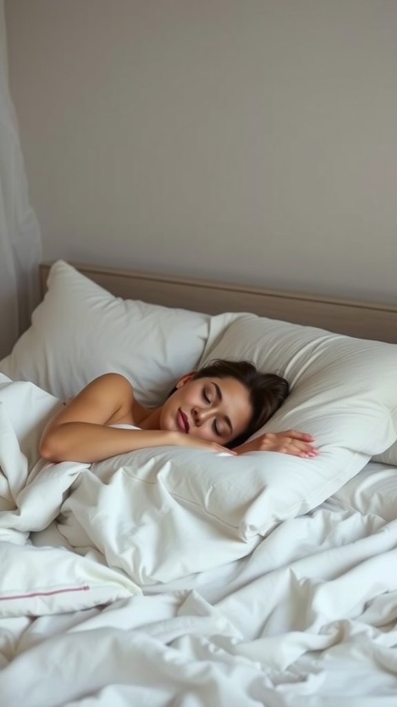 A woman sleeping peacefully in a cozy bed, symbolizing the importance of sleep for skin health.