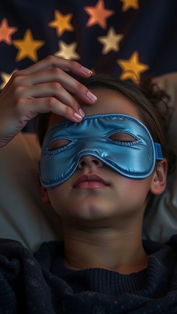 A person wearing a blue sleep mask, preparing for a peaceful night's sleep.