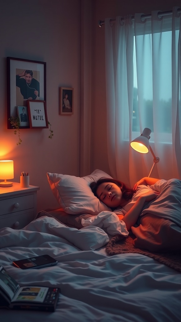 A woman sleeping peacefully in a cozy bedroom with soft lighting.