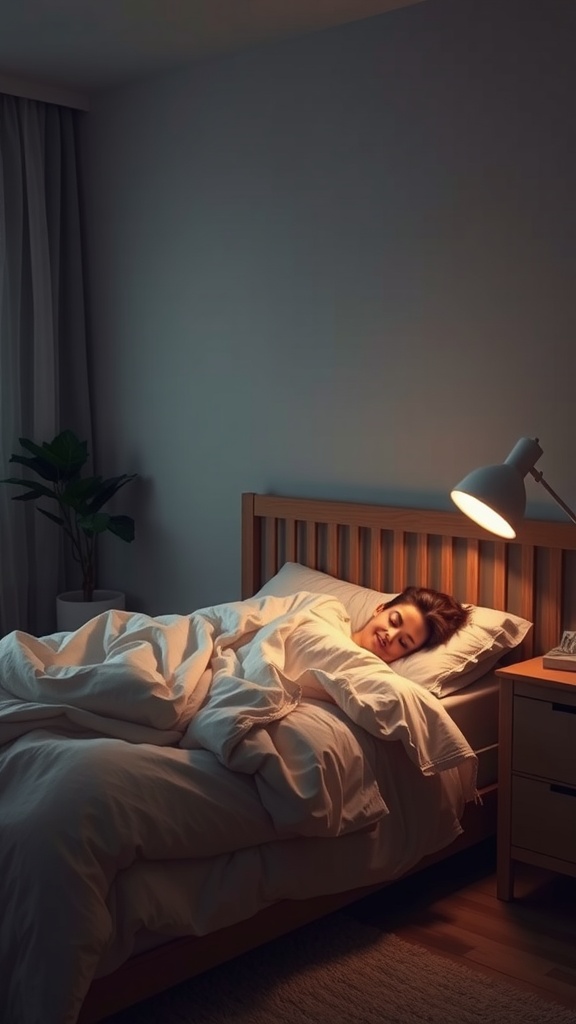 A person sleeping in a cozy bedroom with soft lighting.
