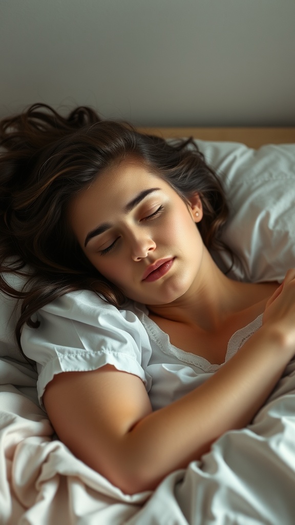 A woman peacefully sleeping in a cozy bed, highlighting the importance of sleep for skincare.