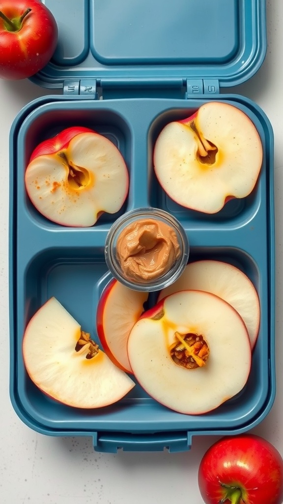 Sliced apples with nut butter in a lunchbox