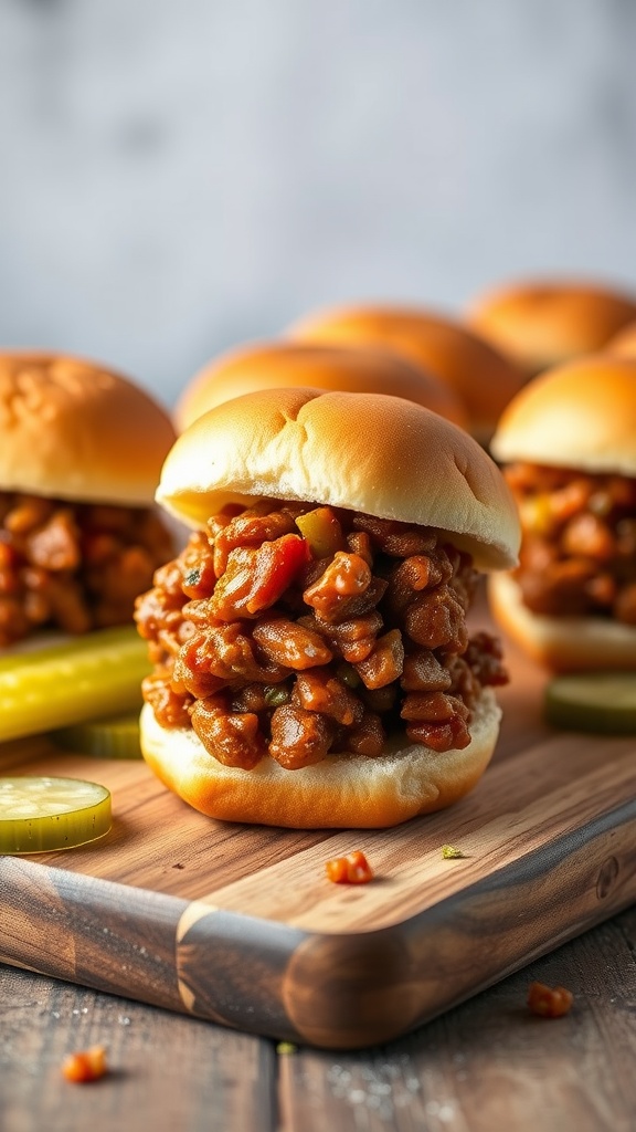 Delicious Sloppy Joe Sliders on a wooden board with pickles