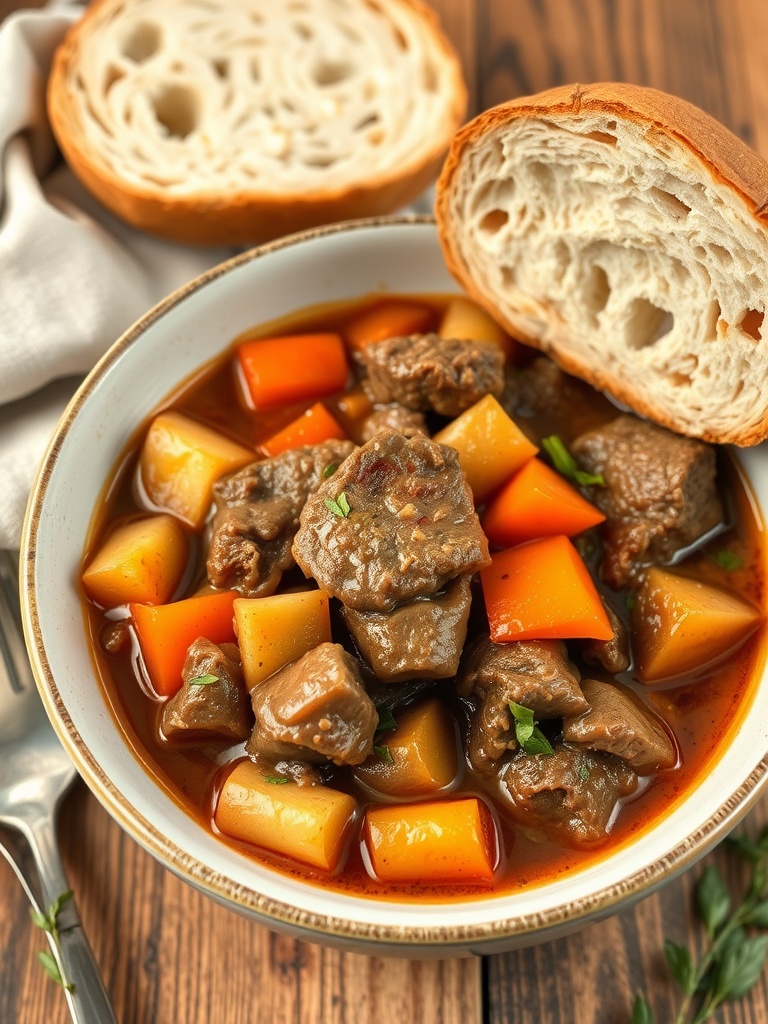 A bowl of beef and vegetable stew with chunks of beef, carrots, and potatoes, accompanied by a slice of bread.