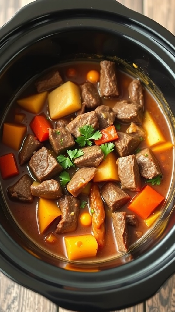 A hearty bowl of slow cooker beef stew with tender beef and colorful vegetables.