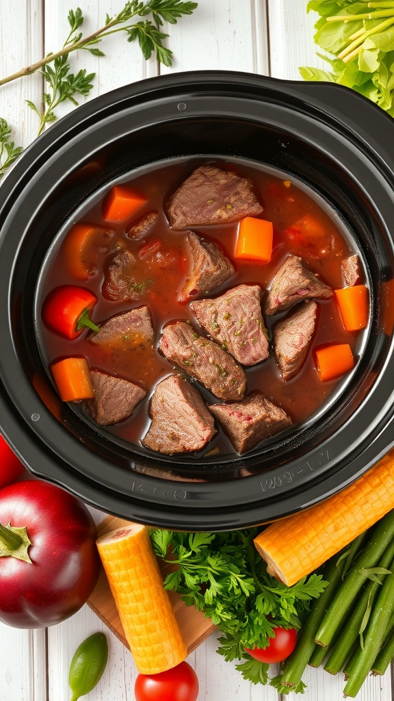 A hearty slow cooker beef stew with chunks of beef, carrots, and potatoes.