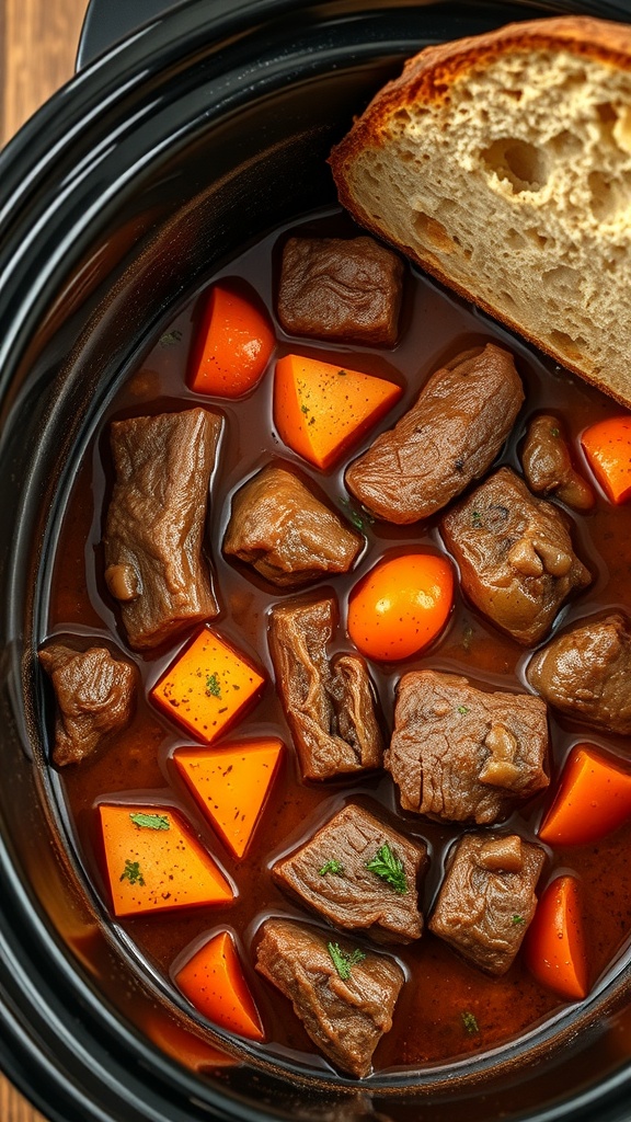 A slow cooker filled with beef stew, featuring chunks of beef, carrots, and potatoes, with a slice of bread on the side.