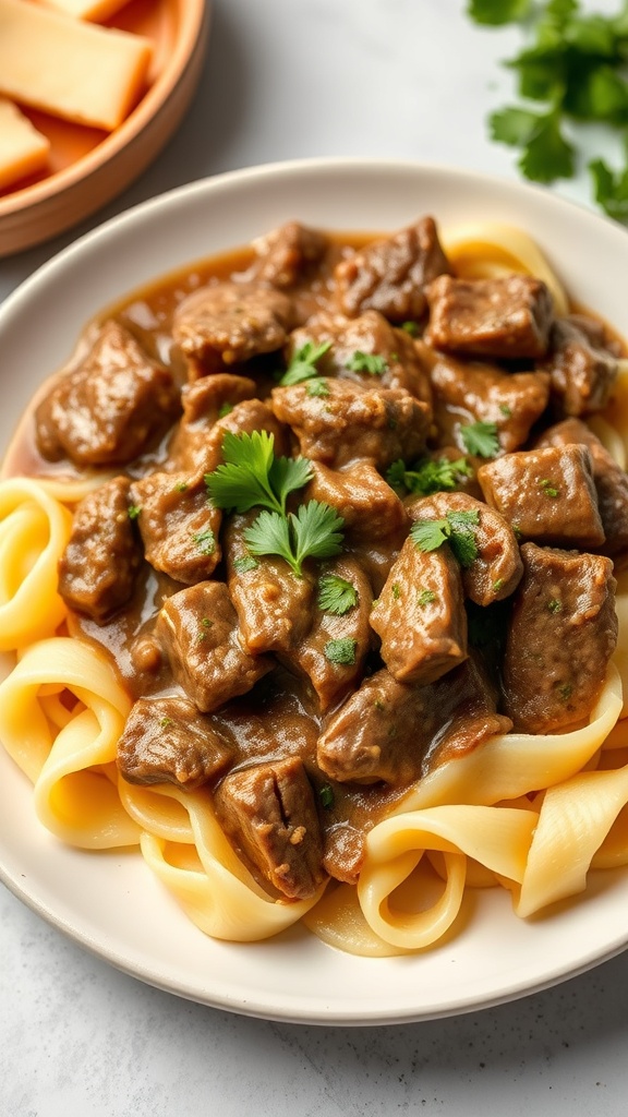 A plate of beef stroganoff served over egg noodles, garnished with parsley.