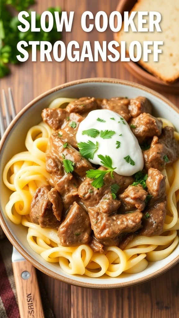 A bowl of Slow Cooker Beef Stroganoff with egg noodles, garnished with sour cream and parsley.