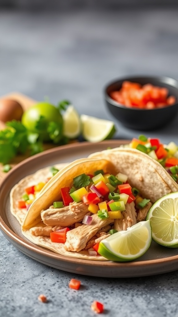 Delicious slow cooker chicken tacos with colorful toppings and lime wedges