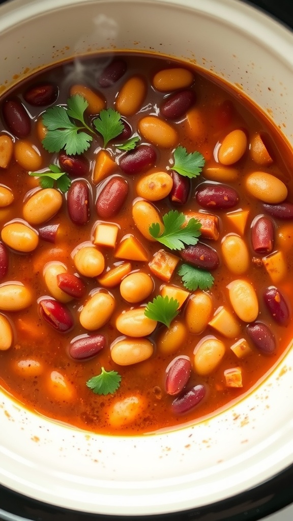 A bowl of colorful slow cooker chili with beans and cilantro on top.