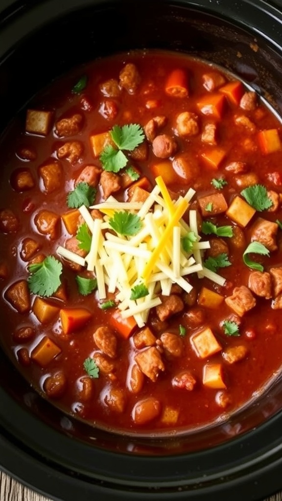A bowl of slow cooker chili topped with cheese and cilantro